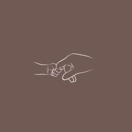 a white outline of a toddler hand wrapped around their parents finger, on a warm brown background