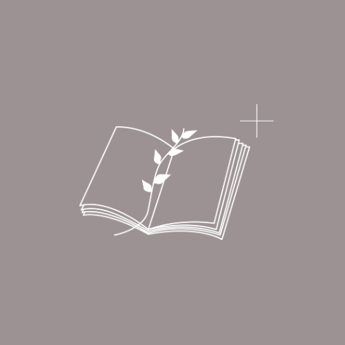 A white outline of an open book with a small white plus symbol next to it, on a mauve coloured background