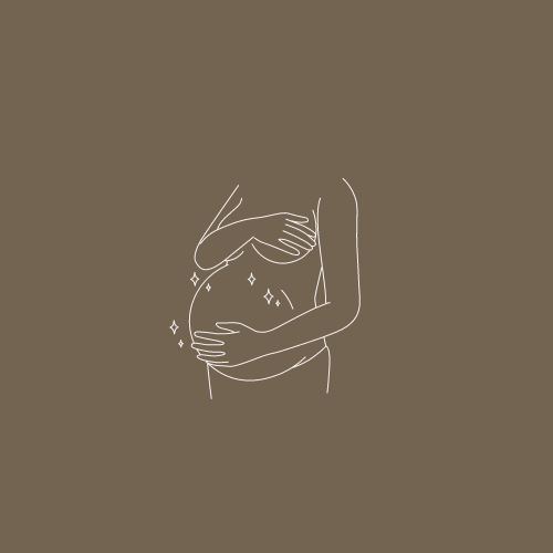 A white outline of a pregnant torso, with hands wrapping around her breast and stomach, on a coffee bean brown background